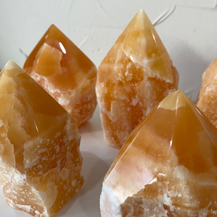 Orange Calcite Top Polished, Rough Cut Points