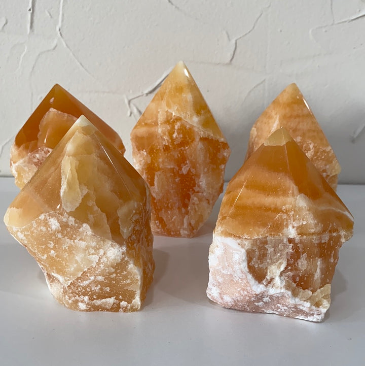 Orange Calcite Top Polished, Rough Cut Points