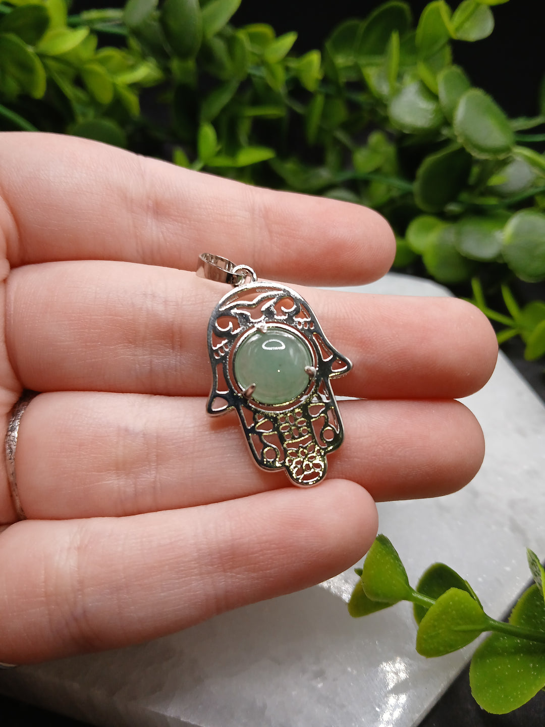 Hamsa Hand Silver Plated Pendant - Aventurine