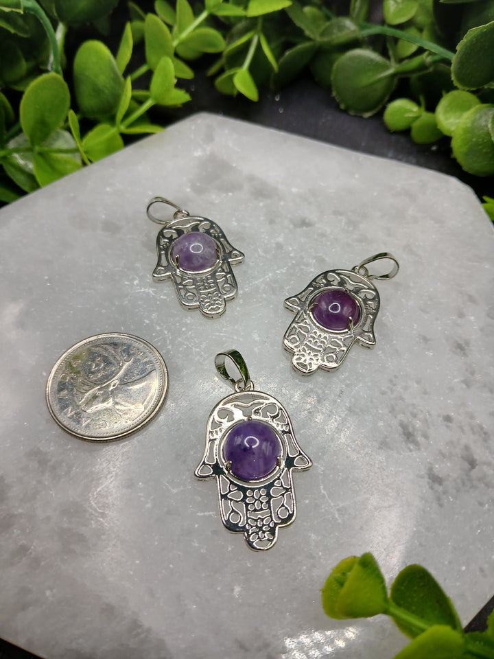 Hamsa Hand Silver Plated Pendant - Amethyst