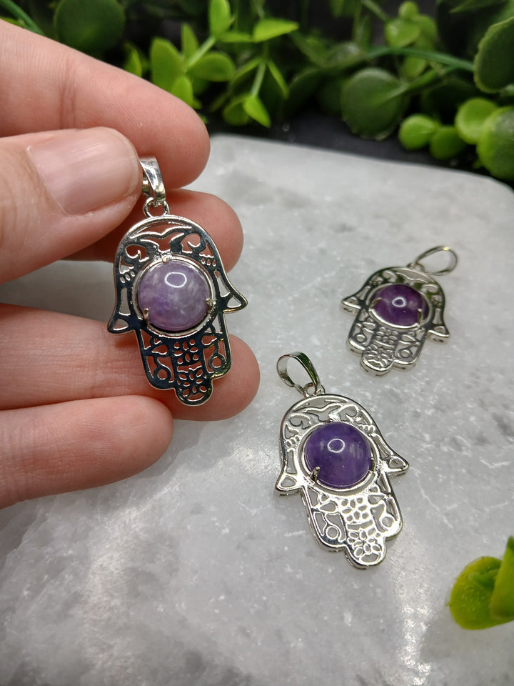 Hamsa Hand Silver Plated Pendant - Amethyst