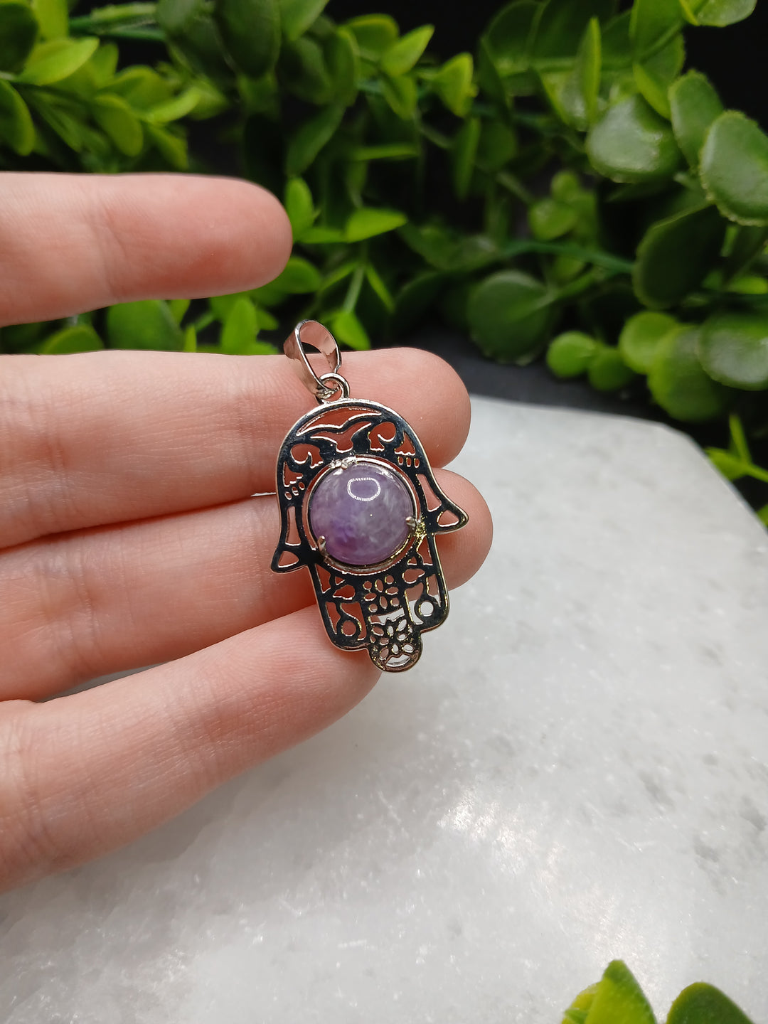 Hamsa Hand Silver Plated Pendant - Amethyst