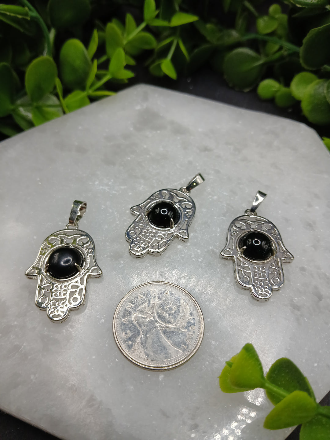 Hamsa Hand Silver Plated Pendant - Black Obsidian