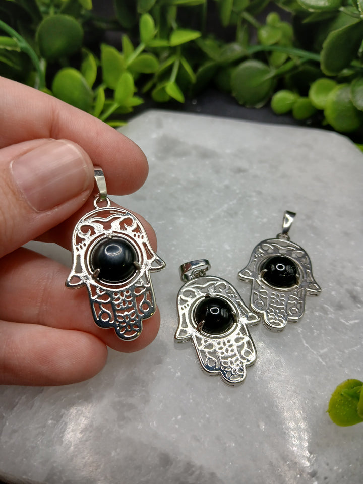 Hamsa Hand Silver Plated Pendant - Black Obsidian