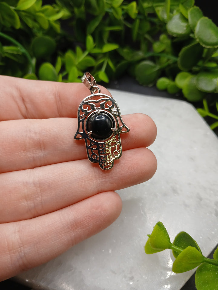 Hamsa Hand Silver Plated Pendant - Black Obsidian