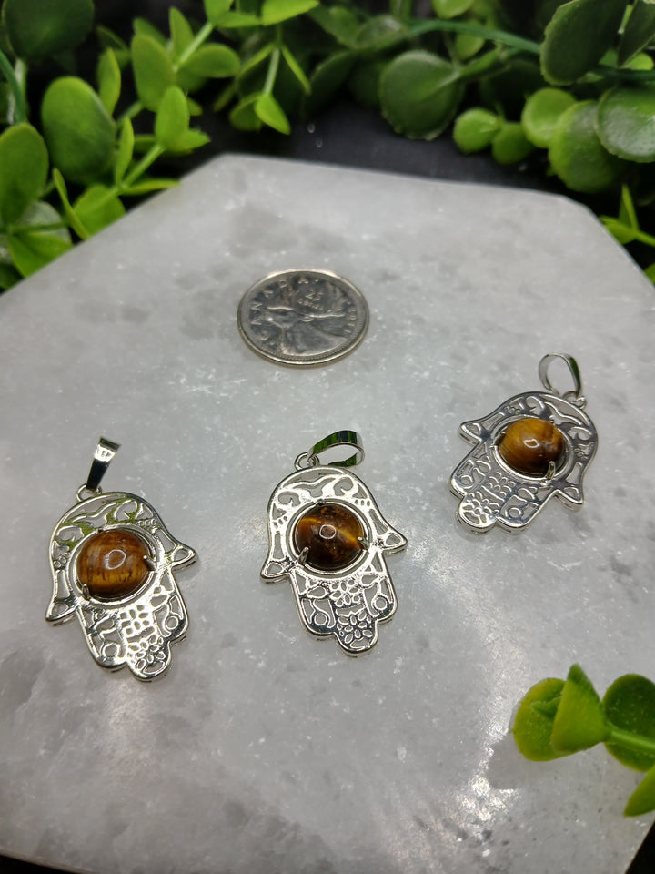 Hamsa Hand Silver Plated Pendant - Tiger Eye