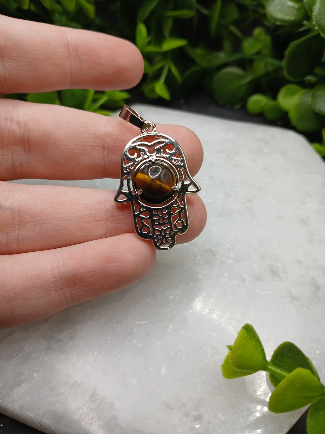 Hamsa Hand Silver Plated Pendant - Tiger Eye