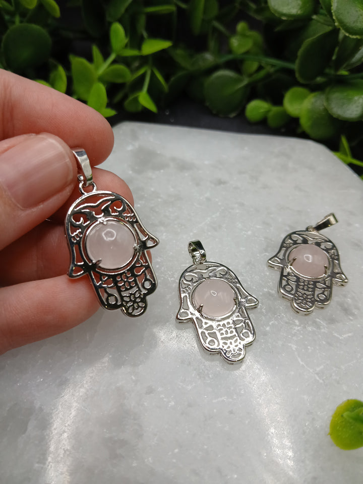 Hamsa Hand Silver Plated Pendant - Rose Quartz