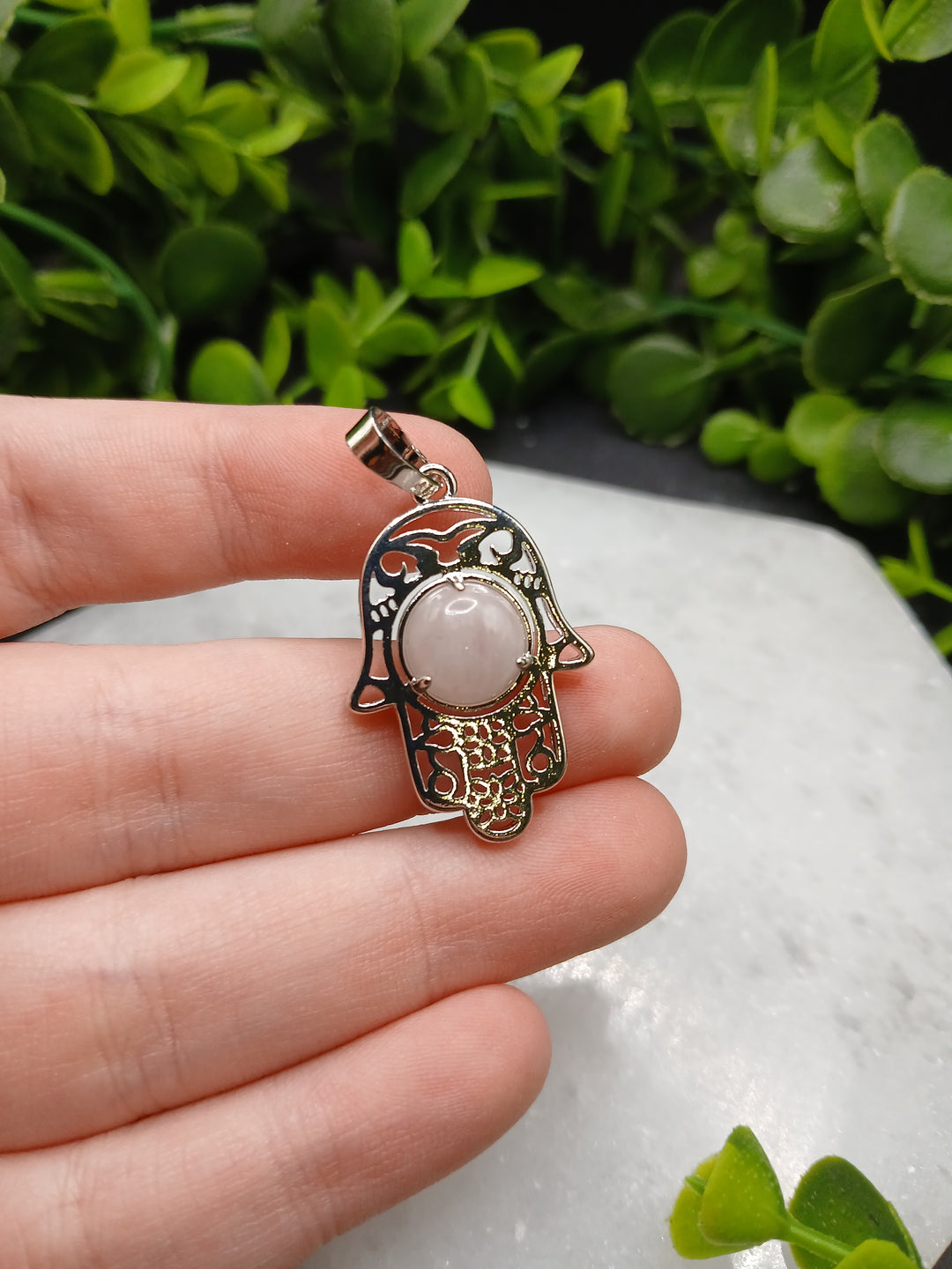 Hamsa Hand Silver Plated Pendant - Rose Quartz