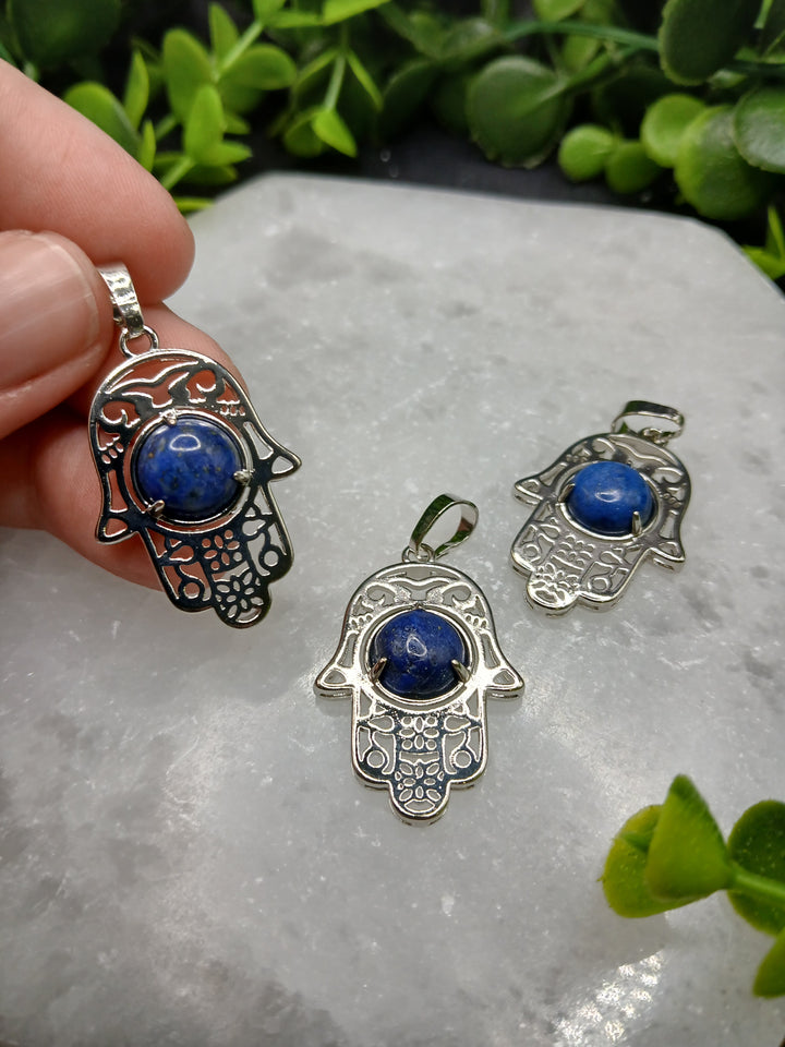 Hamsa Hand Silver Plated Pendant - Lapis Lazuli