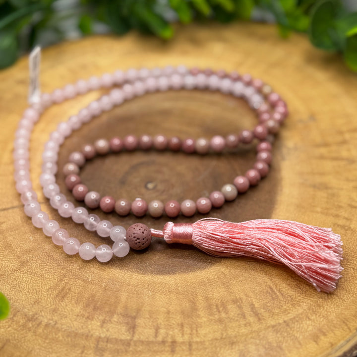 Rose Quartz & Rhodonite Mala Bead Necklace