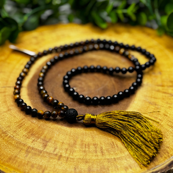 Tiger Eye & Black Obsidian Mala Bead Necklace