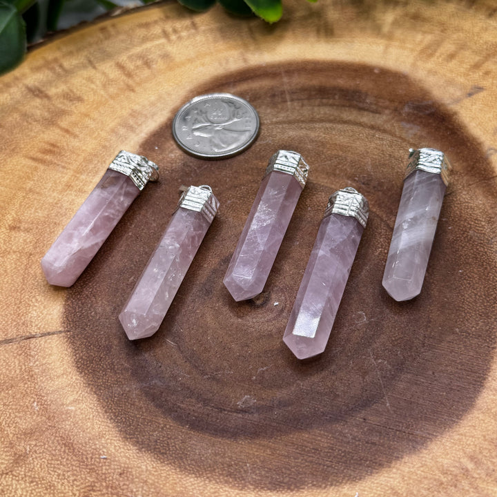 Capped Rose Quartz Pencil Pendant