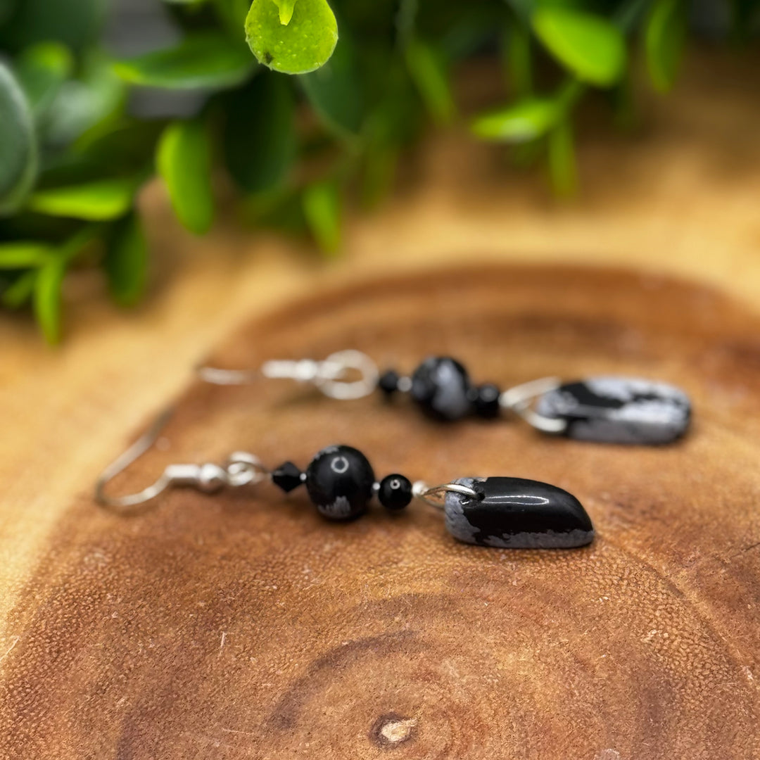 Snowflake Obsidian Dangle Sterling Silver Earrings
