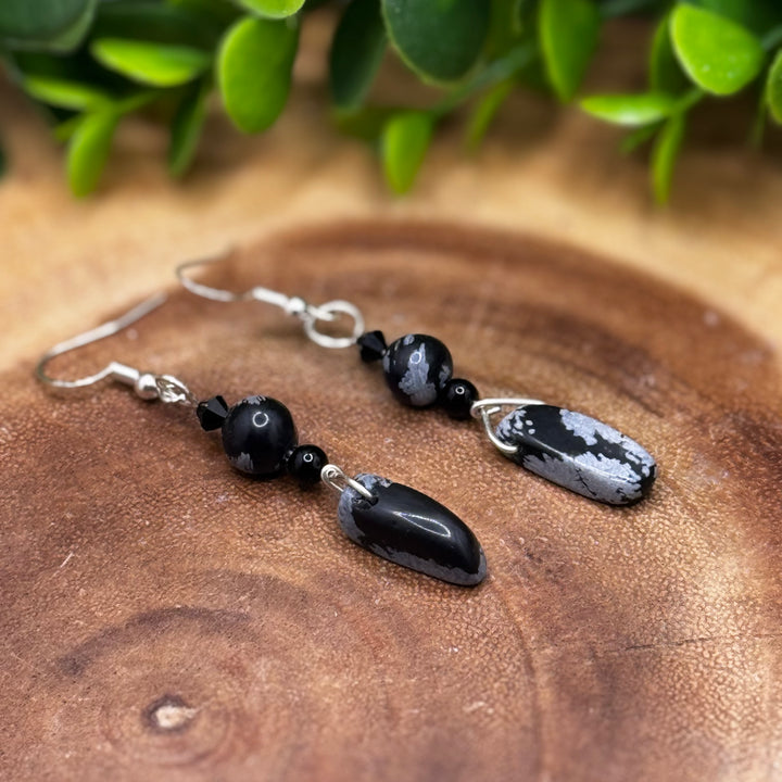 Snowflake Obsidian Dangle Sterling Silver Earrings