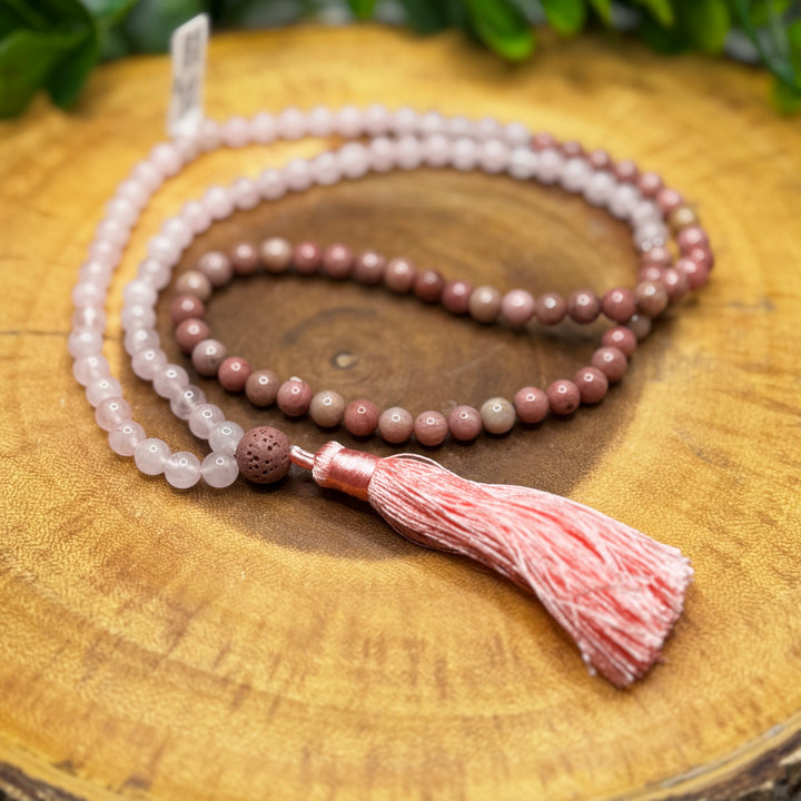 Rose Quartz & Rhodonite Mala Bead Necklace