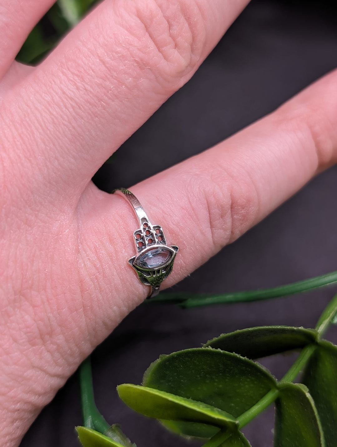 Hamsa Hand With Aquamarine, Ring (Size 8)