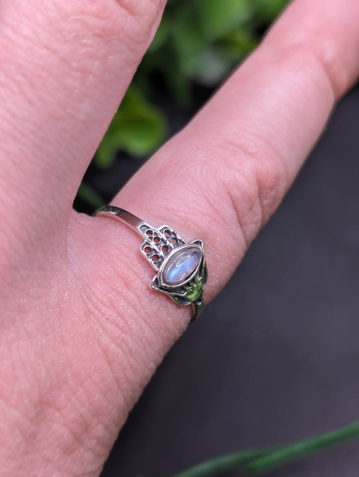 Hamsa Hand With Moonstone, Ring (Size 7)