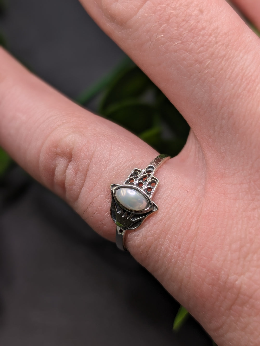 Hamsa Hand With Pearl, Ring (Size 7)