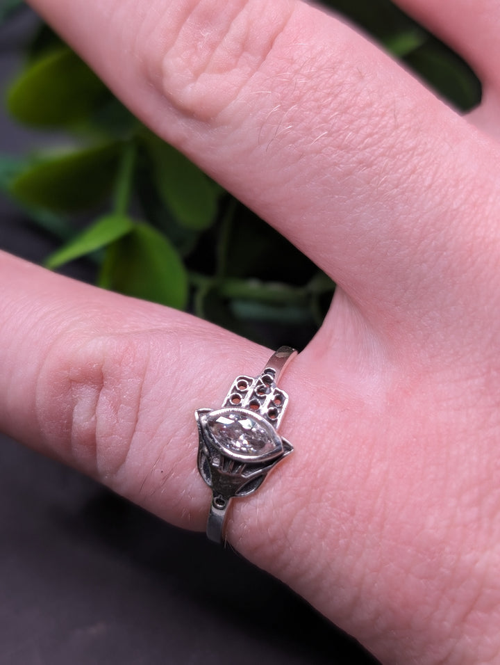 Hamsa Hand With Herkimer Diamond, Ring (Size 6.5)