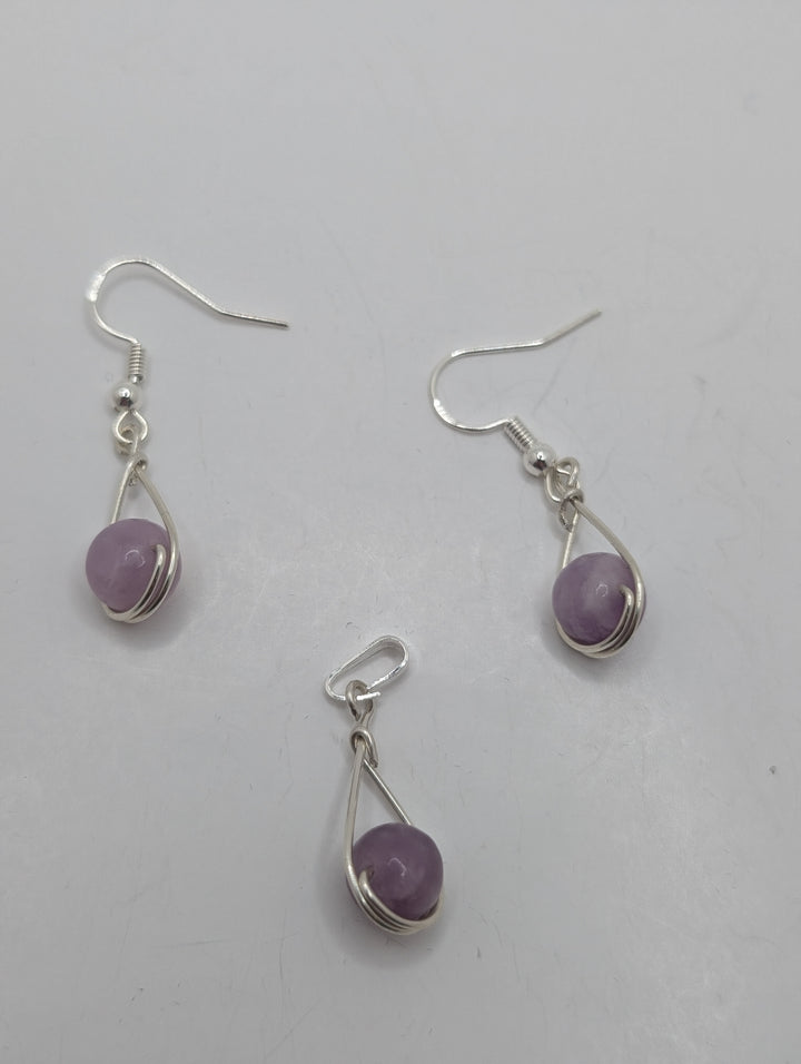 Lepidolite Teardrop Sterling Silver Pendant & Earrings Set