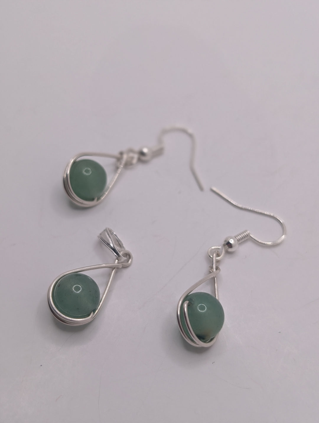 Green Aventurine Teardrop Sterling Silver Pendant & Earrings Set