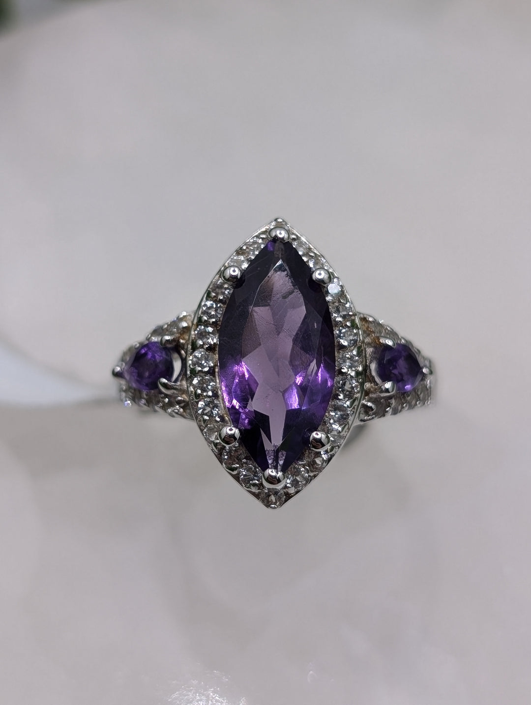 Marquise Amethyst With Topaz Sterling Silver Ring (Size 7)