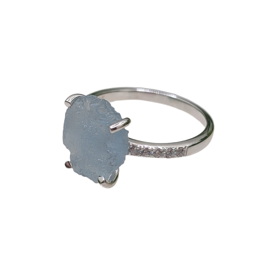 Aquamarine Raw Sterling Silver Ring with White Topaz