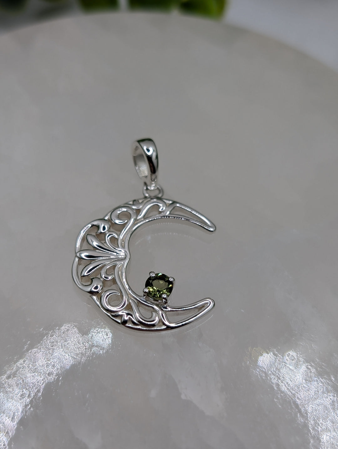 Moldavite Sterling Silver Crescent Moon Pendant