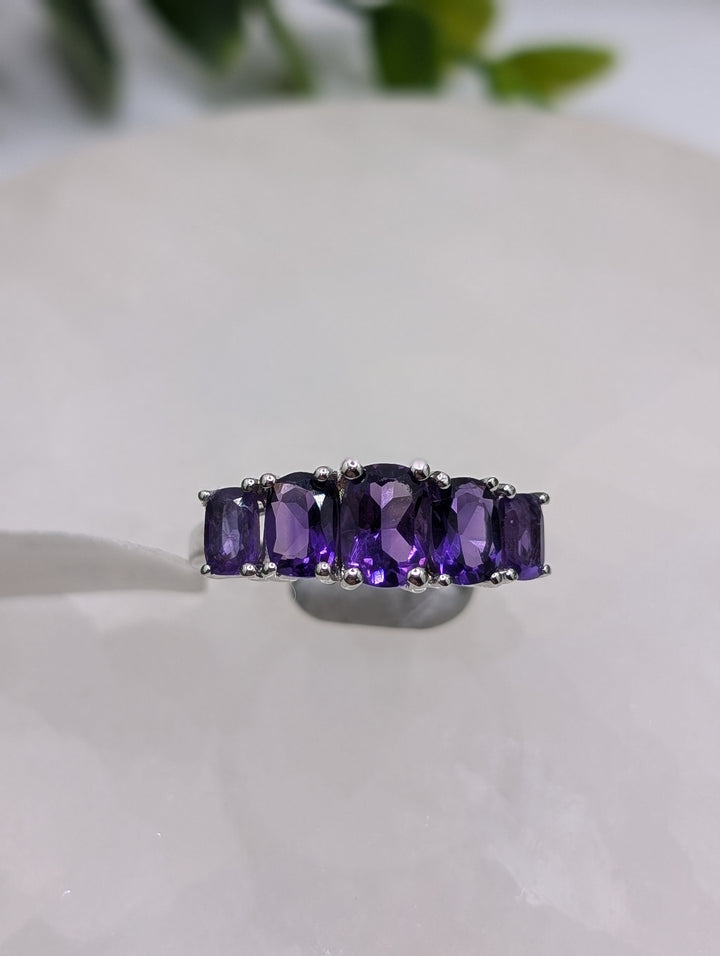 Baguette Amethyst Sterling Silver Ring (Size 8)