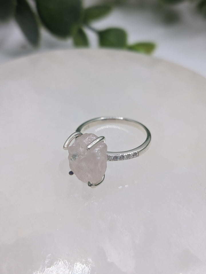 Sterling Silver Raw Rose Quartz With White Topaz Ring