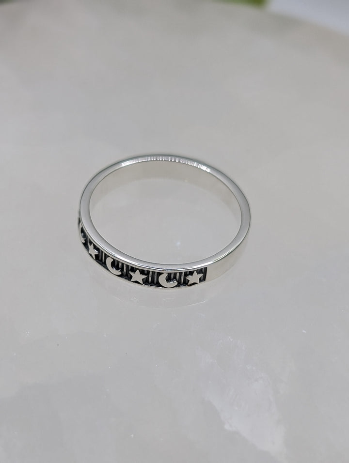 Sterling Silver Star & Moon Band Ring