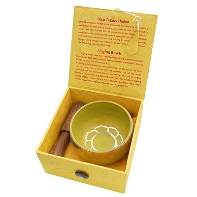 3” Yellow Tibetan Singing Bowl, Box, Pillow & Baton