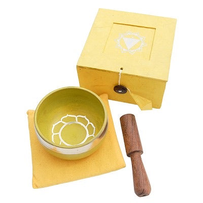 3” Yellow Tibetan Singing Bowl, Box, Pillow & Baton
