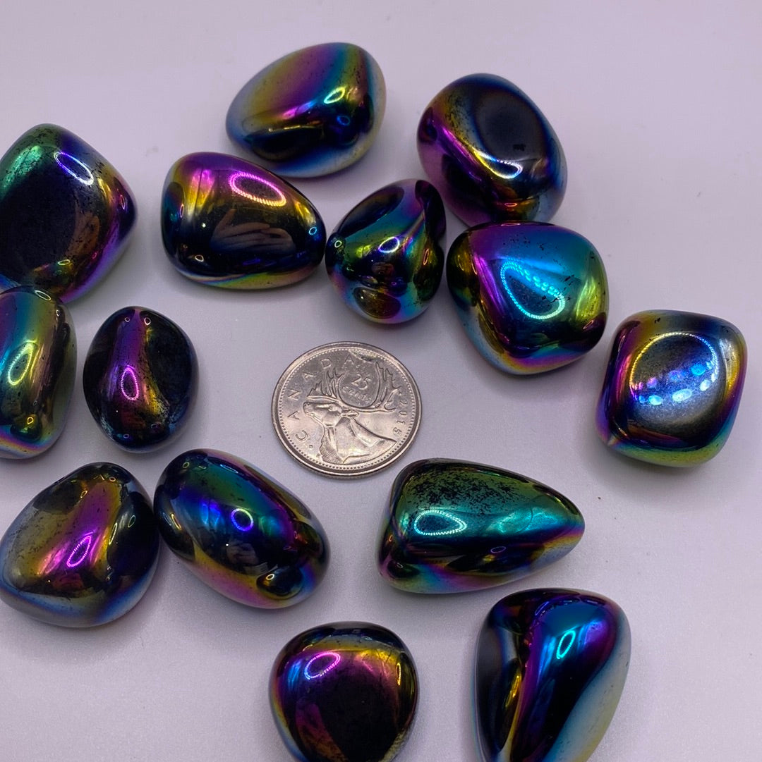Tumbled Rainbow Aura Black Obsidian
