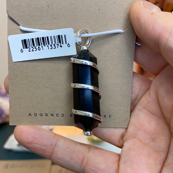 Black Obsidian Silver Wrapped Double Terminated Point Pendant